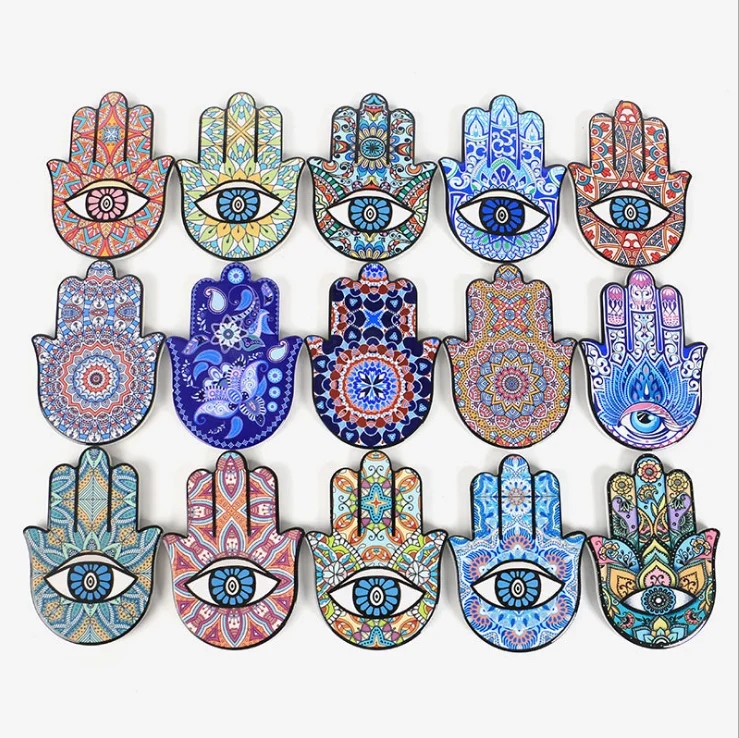 Wholesale Customize Size Pattern Artesanato De Madeira Wooden Crystal Grid Laser Cut Wood Words Hamsa Symbol Craft