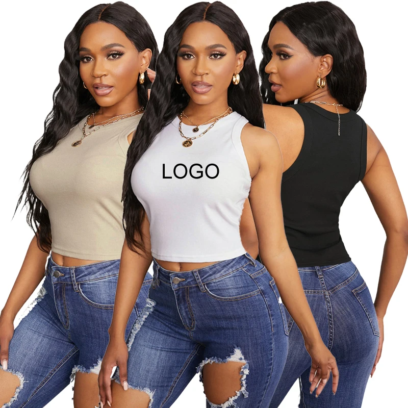 2022 Hot Custom Logo Summer Lady White Black Ribbed Crop Tank Top Women Vest