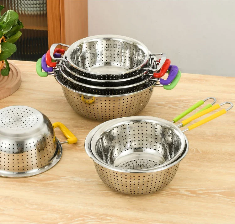 Kitchen fruit vegetable deep colander stainless steel rice colander strainer colander  mesh strainer wirewith single handle