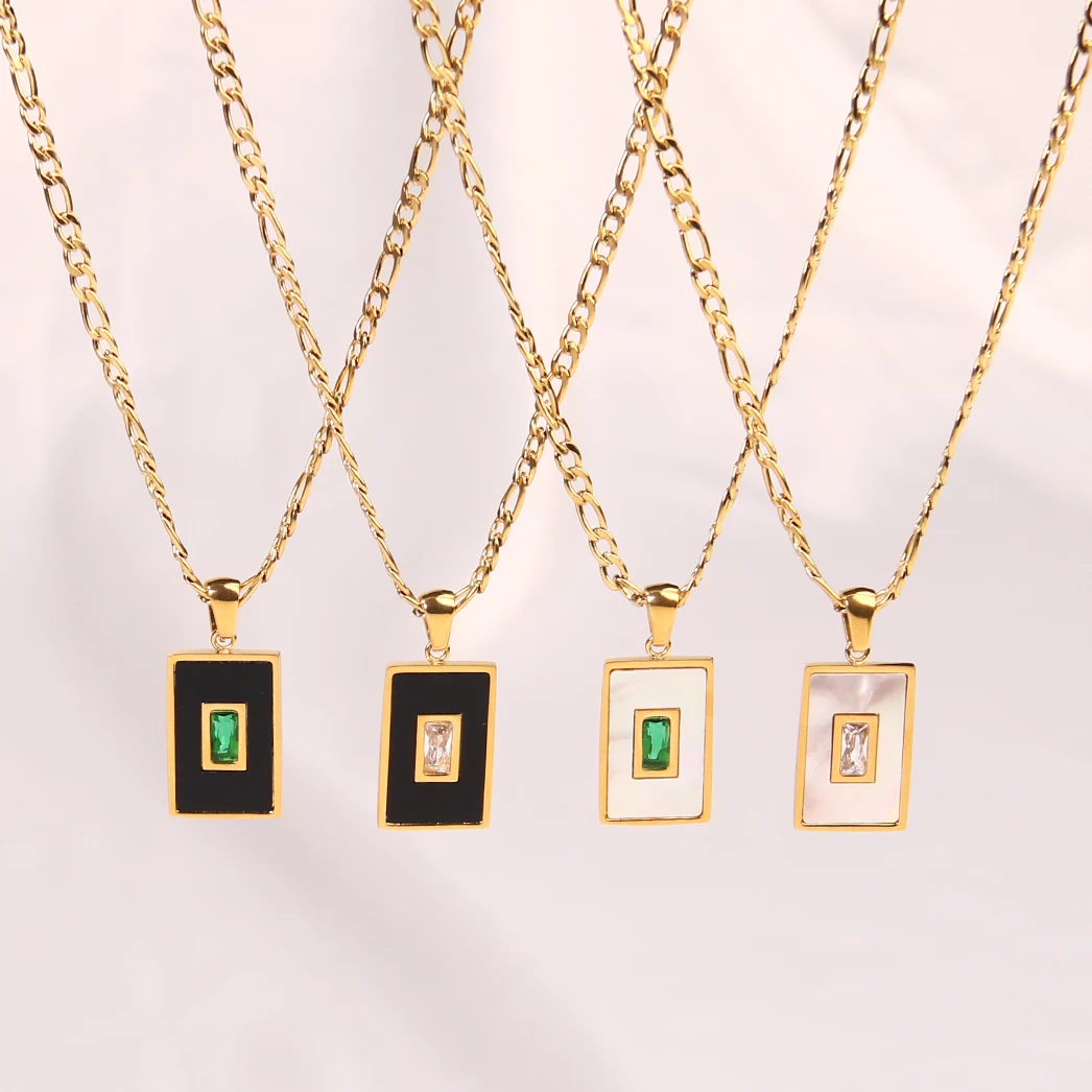 Women 18K Gold  Black Onyx Seashell Cz Zircon Inlaid Pendant Necklace Stainless Steel Figaro Chain Geometric Rectangle Necklace