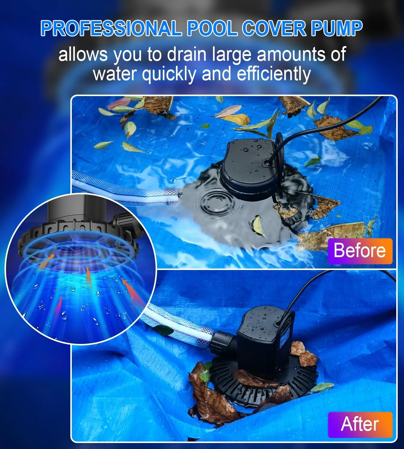 2400L/H Water Removal Pool Hot Tub Rooftop Water Bed Valve Adapter Submersible Water Pump Automatic Swimming Pool Cover Pumps