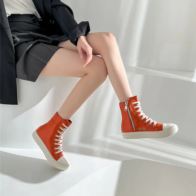 New cross-boundary Autumn/Winter 2022 orange high-top shoes with thick soles candy colored student shoes lace-up casual sneaker