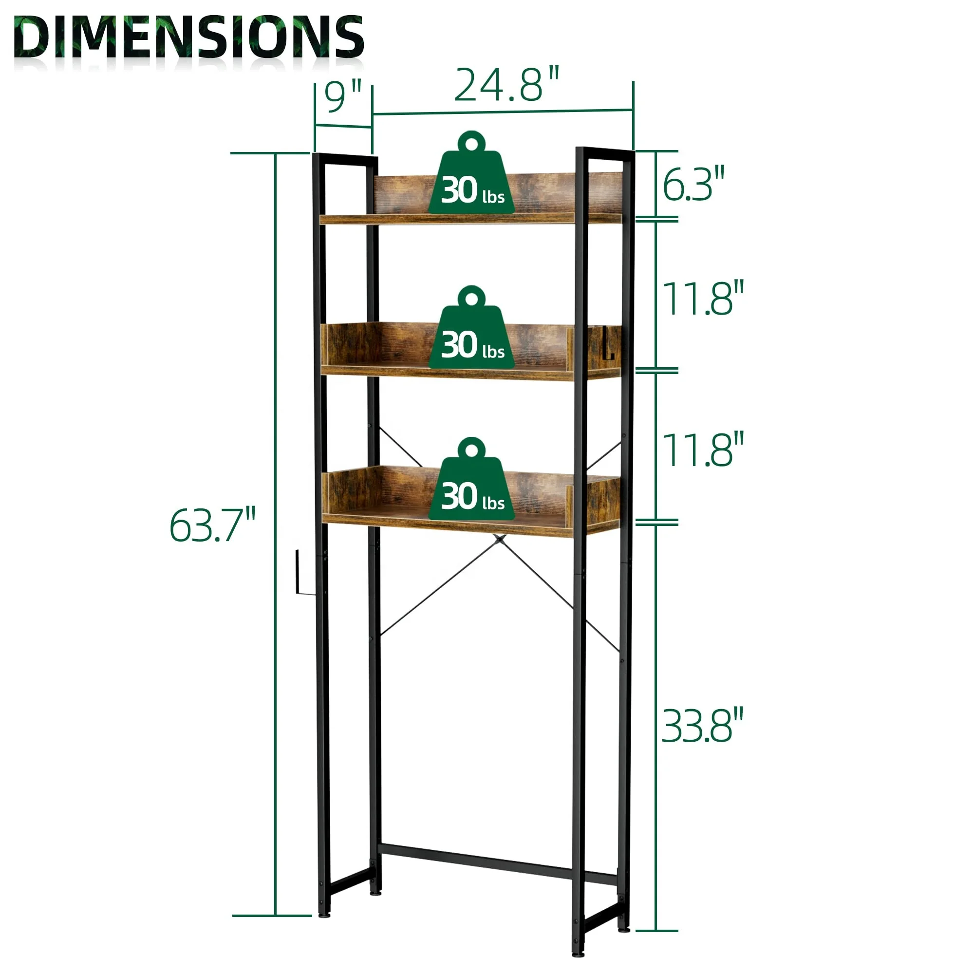 3 Tier Bathroom Toilet Shelf Bathroom Organizer Over Toilet Storage Rack Space Saver Above Toilet Shelves with Hooks