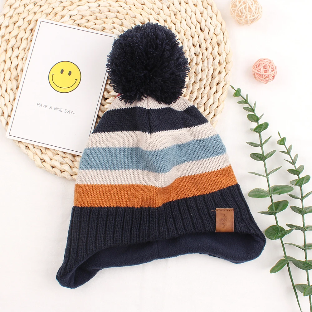 Stripe Winter Earflap Beanie Baby Boys Girls 100% Acrylic Polyester Pompom Kids Unisex Hats Knitted Warm Hat for Children