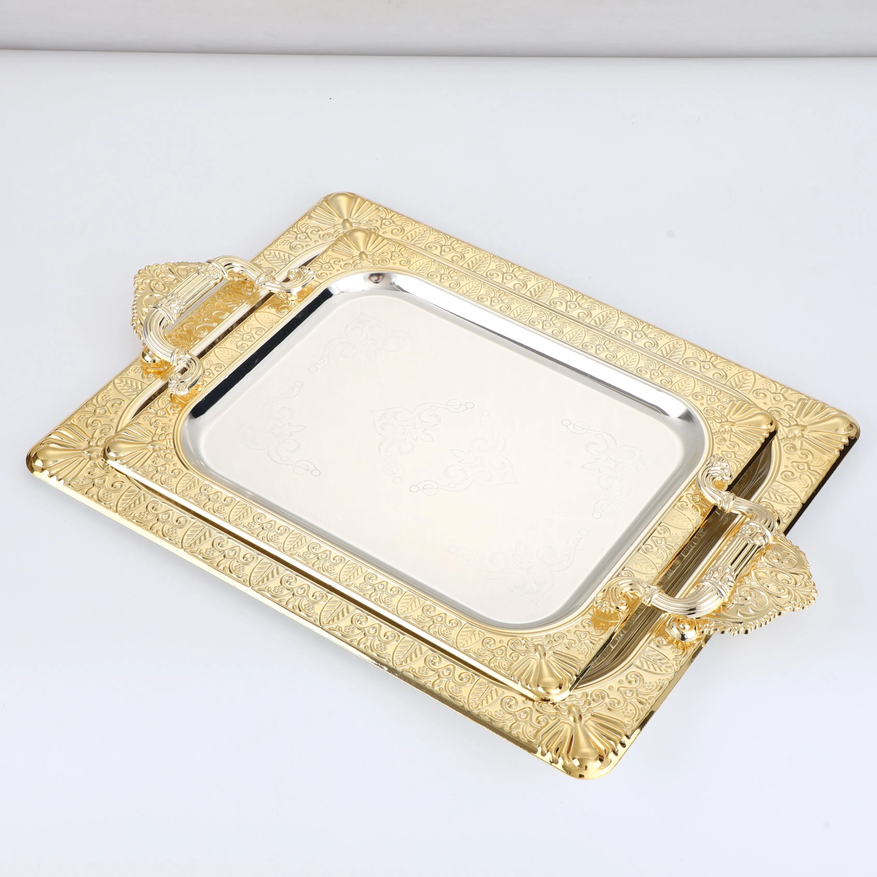 Factory Outlet Three Piece eid Golden Fruit Decorative Tray sets European Stainless Steel Serving Rectangular Tray