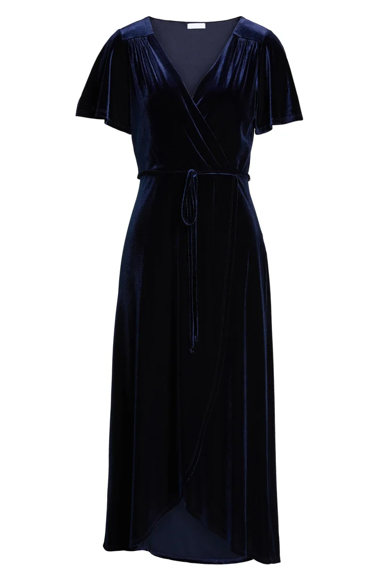 Surplice v neck ladies faux wrap velvet midi dress summer 2020