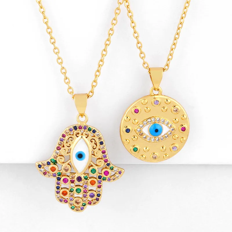 
European And American Jewelry Turkey Blue Eyes Set Color Diamond Necklace Women Necklace Round Pendant Sweater Chain 