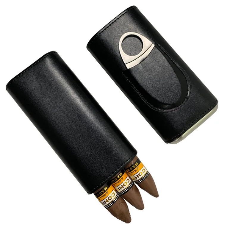 High Quality 3-Finger Humidors Portable Cigar Box Brown Leather Case With Cutter