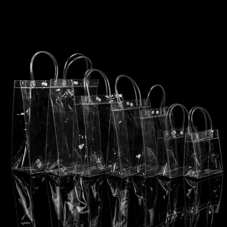 Clear transparent pvc shopping bags packing bag for gift and promotional with handle and button