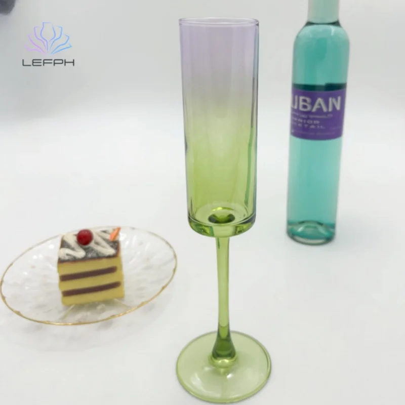 Hand-Made Blown Champagne Glasses Unique Crystal Square Straight Iridescent Purple Green Colored Wine Goblet Glass