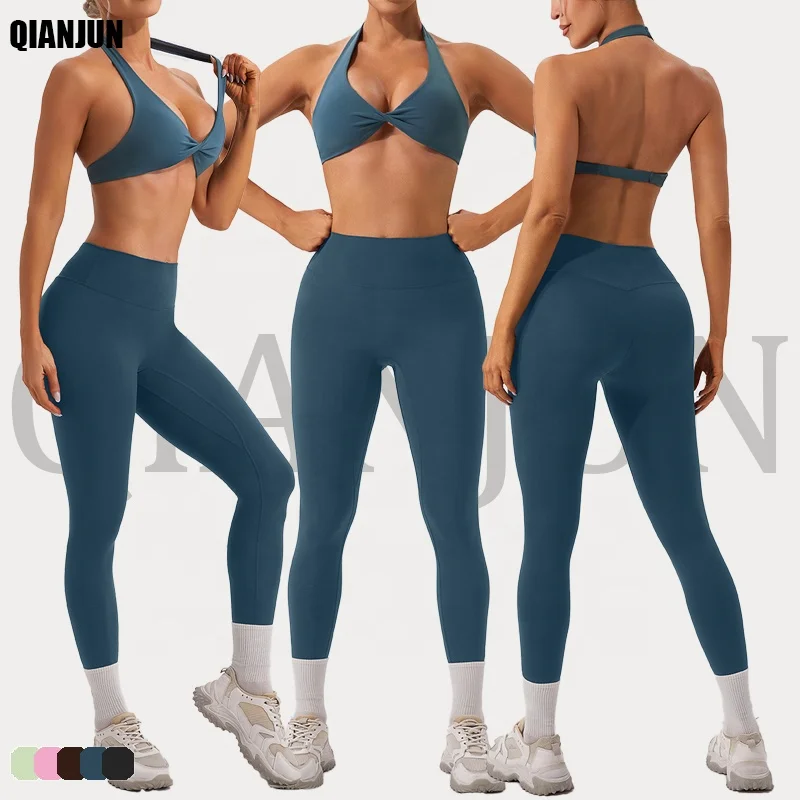 2 Piece Sportswear Women Twist Front Yoga Crop Top Sports Bra And Compression Shorts Set Women Workout Gym Fitness Yoga Sets