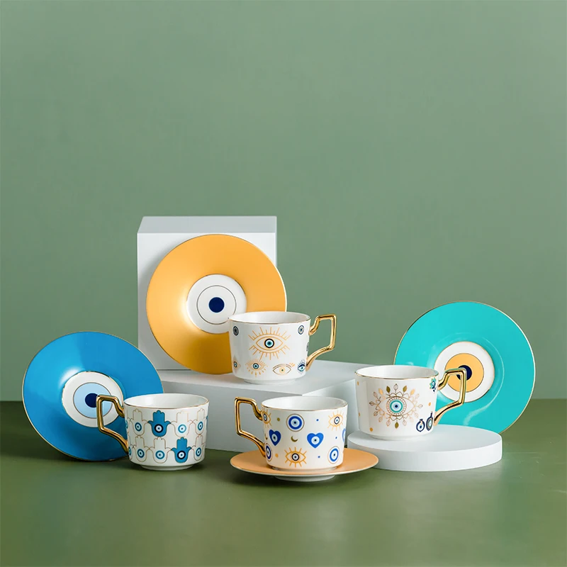 SYL Nordic Luxury Evil Eyes Ceramic Cup and Saucer Set Modern Design  Afternoon Tea Turkish Coffee Cup Saucer Set
