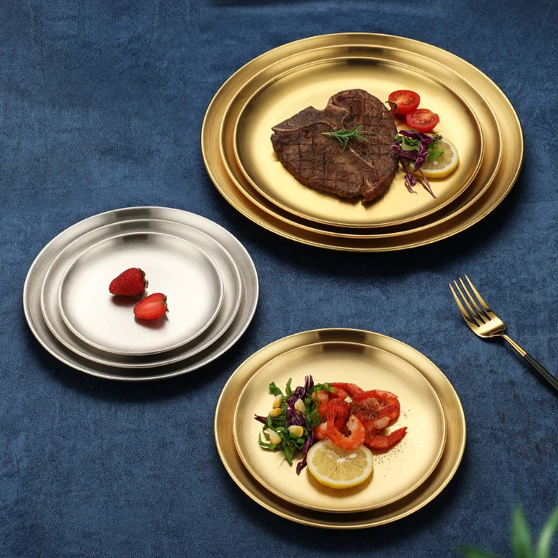 LIHONG 201/304 Stainless Steel Korean Barbecue Side Dish Thickened Double-layer Tray Steak Western Multi-purpose Plates