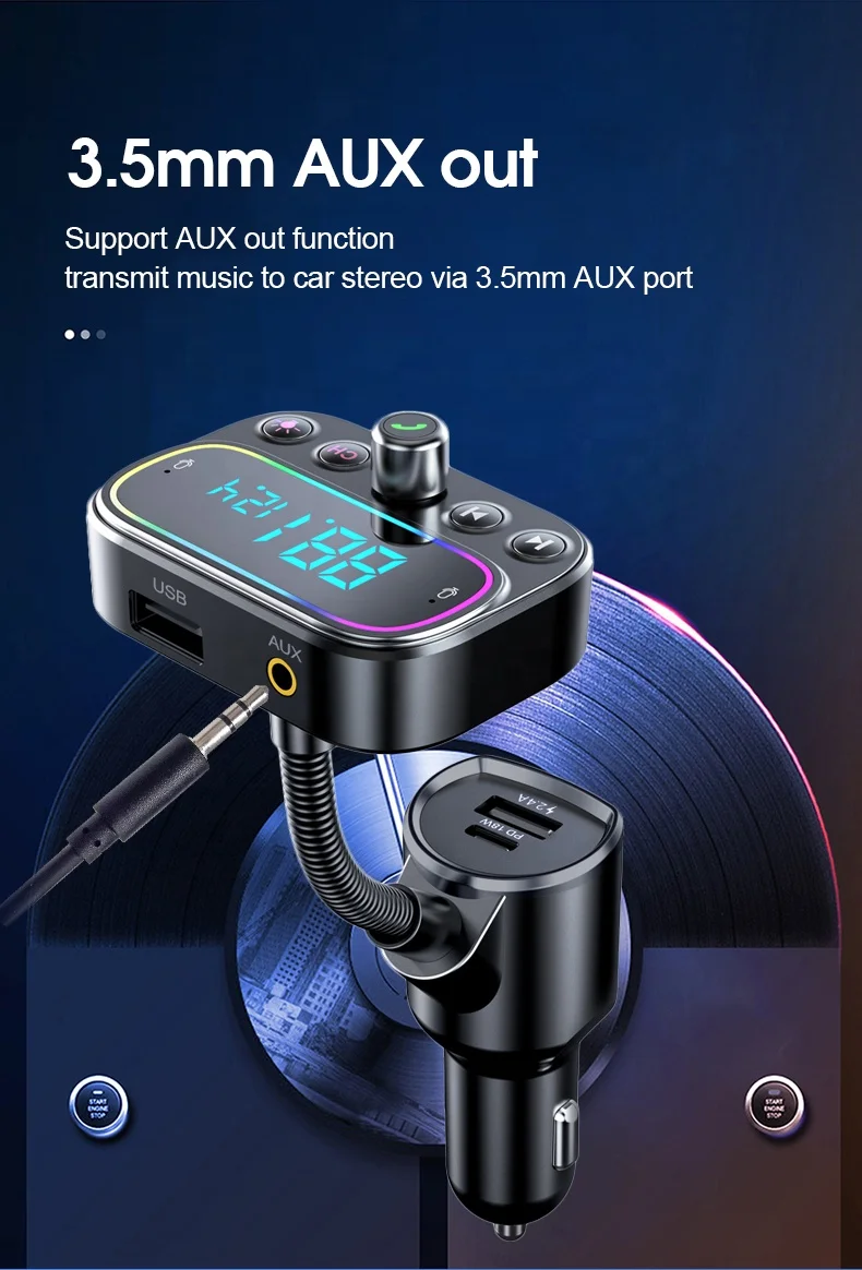 AGETUNR T67 BT V5.0 fm transmitter RGB light 20W PD 18W QC3.0 fast charge car mp3 player Handsfree U disk Music AUX Out Dual Mic