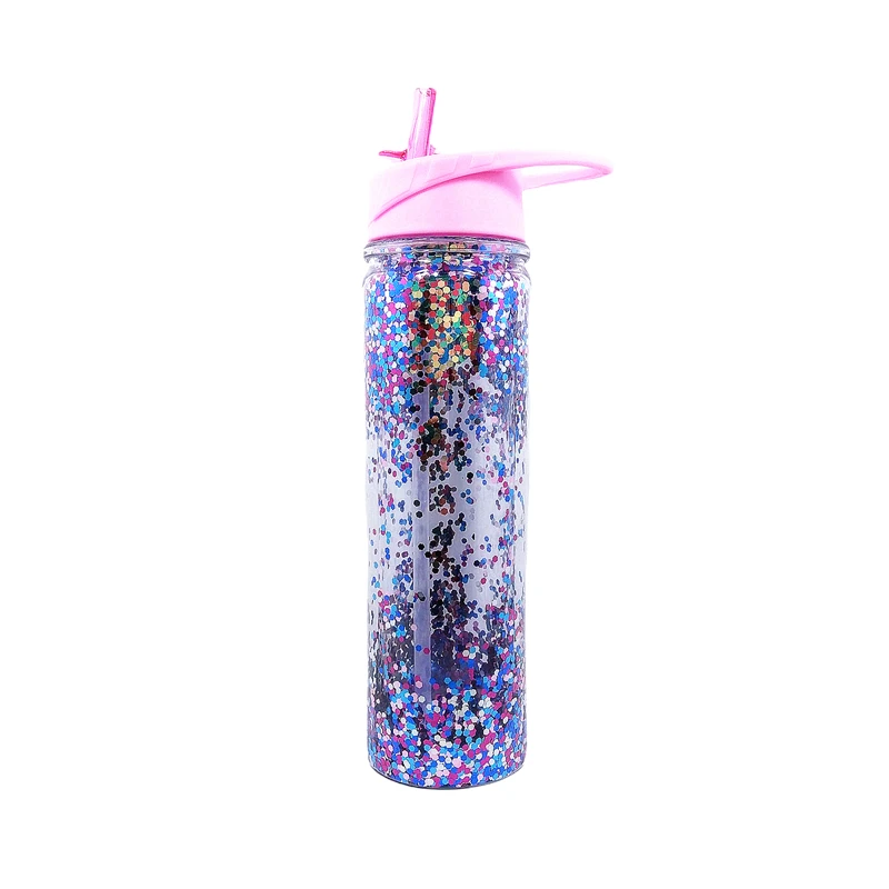 Hot sale glitter double wall clear plastic sports water bottle with straw