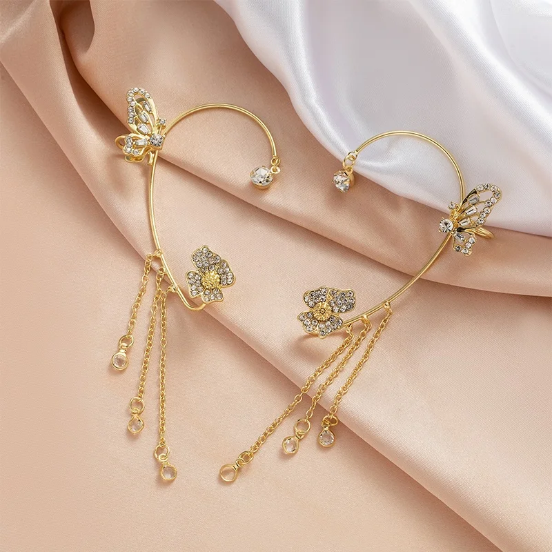 Fashion Butterfly Tassel Earrings Zircon Clip Earrings Adjustable No ear piercing Earring For Women Party Gift