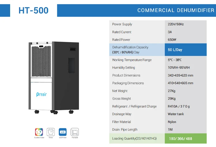 Portable Intelligent Control Metal Housing 220V 50L Commercial Dehumidifier