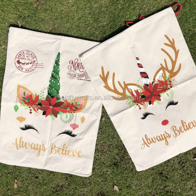 Factory Custom Sublimation Canvas Christmas Santa Sack Red Drawstring Stripe Candy Bag Linen Plaid Blank Large Cotton Gift Sack