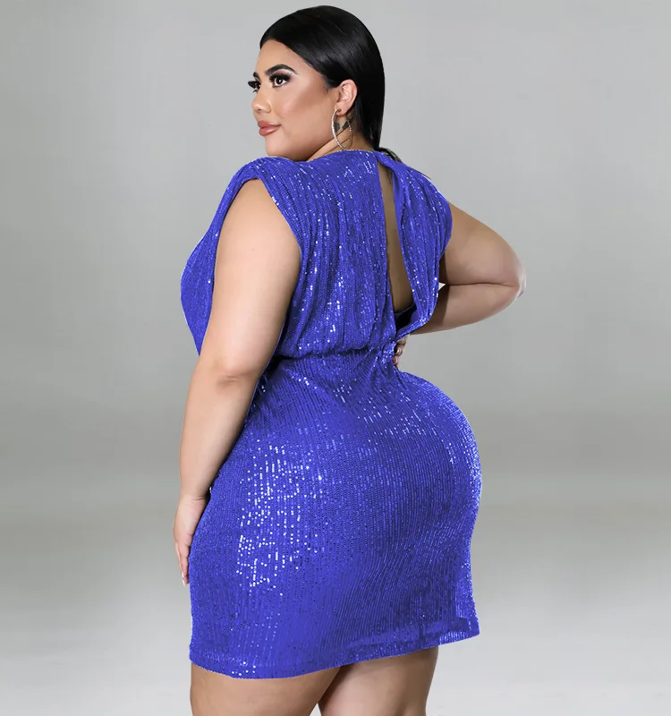 XL To 5xl Vest Mini Party Evening Sleeveless Halter Sling Sexy Women Sparkle Sequin Large size Short Dress