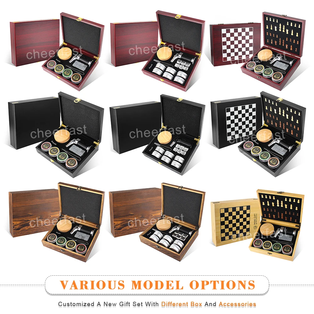 Wooden Box Cocktail Smoker Kit Gift Set Whiskey Smoker Infuser Kit For Drinking With Granite Ice Cube Torch And Wood Chips