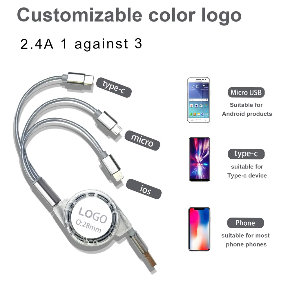 3 in 1 Multi Retractable Data USB Fast Charging Cable Type-C Micro For iPhone Samsung Huawei Xiaomi Wholesale