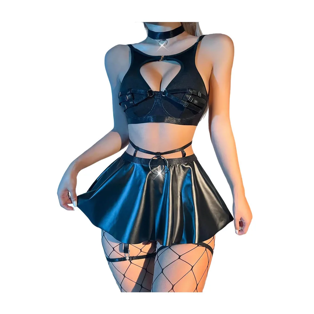 Women Nightclub Underwear Luxury Choker Erotic Set Women Sexy Lingerie Set PU Leather Skirt Kit With Fish Net Stockings