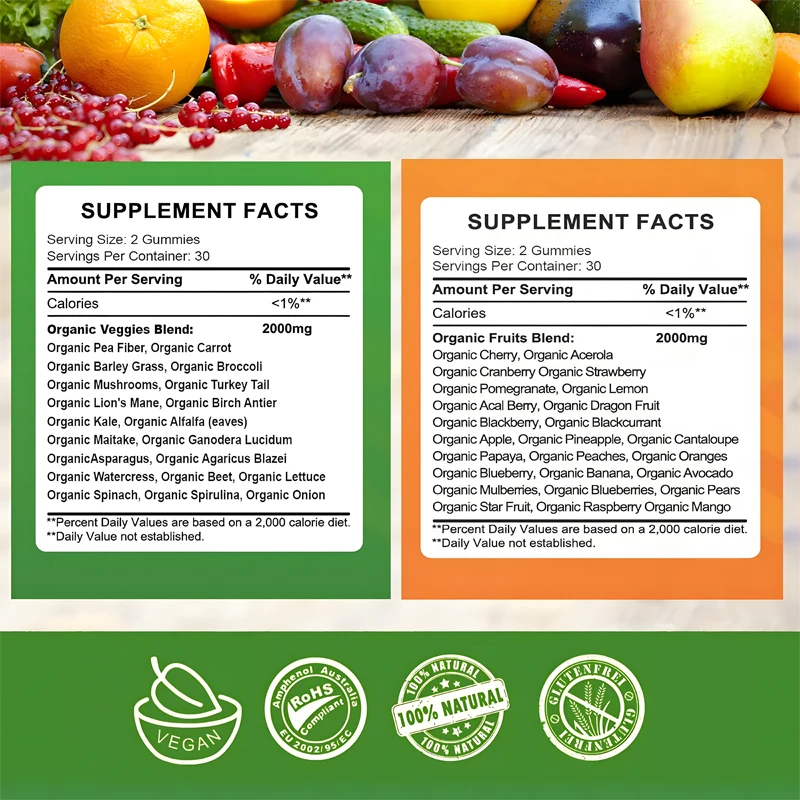 OEM/ODM private label fruits and veggies gummies Natural Fruits and Vegetables Supplement Immunity Antioxidant  Energy support