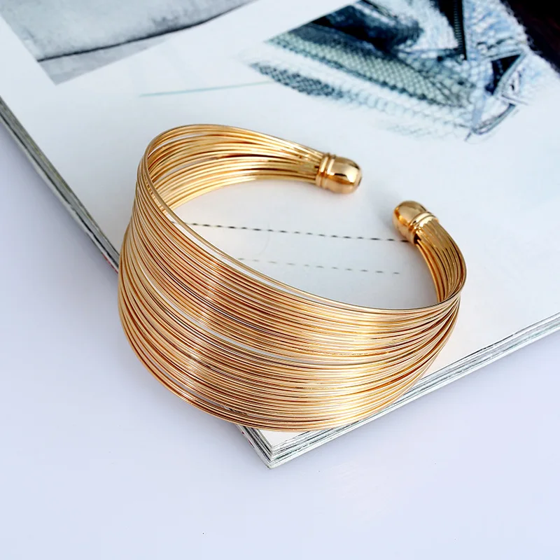 Punk Multilayer Iron Wire Wrap Open Bangle Wide Cuff Bracelet For Women Jewelry Metal Black Gold Silver Color Bangle Female