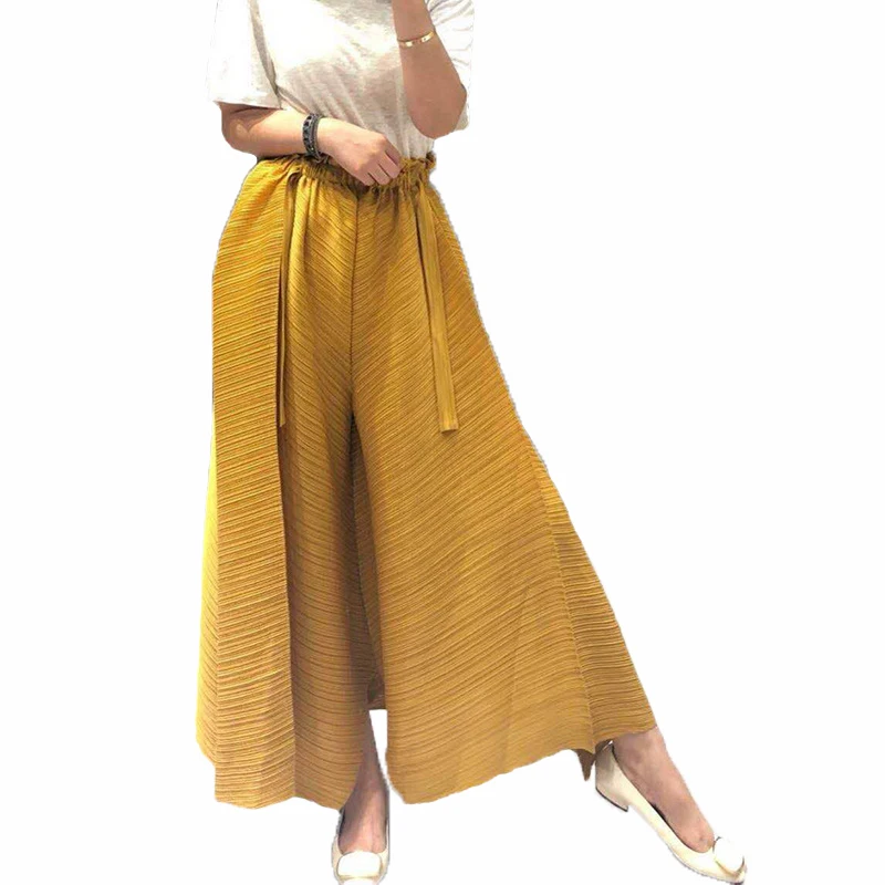 Plesfold Straight Pants Big Size Loose Waist Show Thin Pressed Pleated Wide-legged Trouser Woman