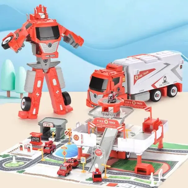 3 In 1 Transform Robot Toy Engineering Container Deformation Truck Diy Assembly Garage Parking Lot With Alloy Car