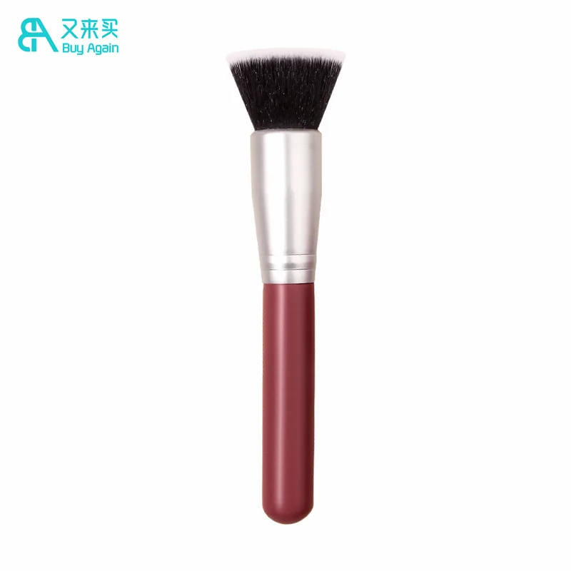 wholesale custom logo wine red foundation makeup brush high quality professional liquid buffer flat top foundation brush