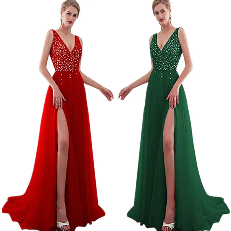 Factory Direct Sale Split Sexy V-Neck Open Back High Quality Gold Woman Long Wedding Guest Evening Wear Dress Elegant Deep V