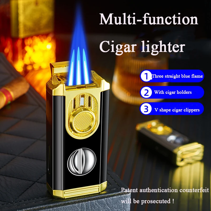 DEBANG cigar lighter triple torch flame windproof new design metal refillable torch lighter with cutter and pretty gift box