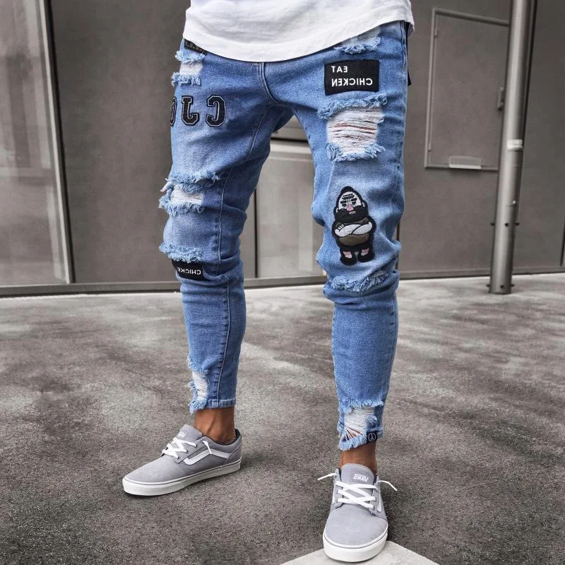 Wholesale Stylish Patchwork Design Ripped Skinny Distressed Denim Jeans For Men With Pattern