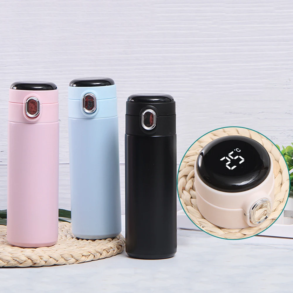 Replaceable Battery LED Temperature Display Stainless Steel Bounce Cup Vacuum Tumbler Pop Up Lid Coffee Mug Pea Thermos
