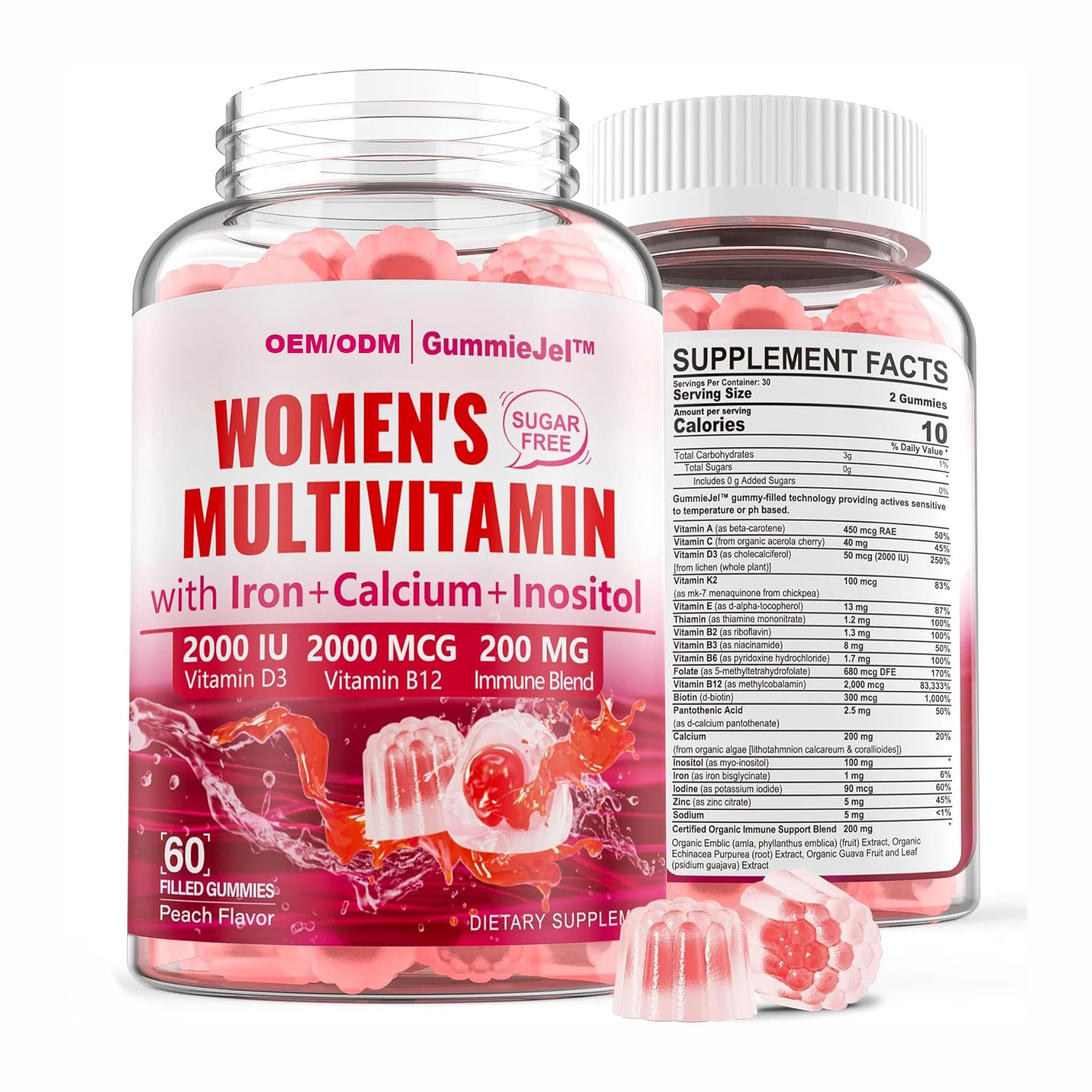 Vegan Multivitamin Gummies Women Sugar-Free Methylated Algae Calcium Vitamin C D3 E K B12 Iron Folate Immune Bone Support