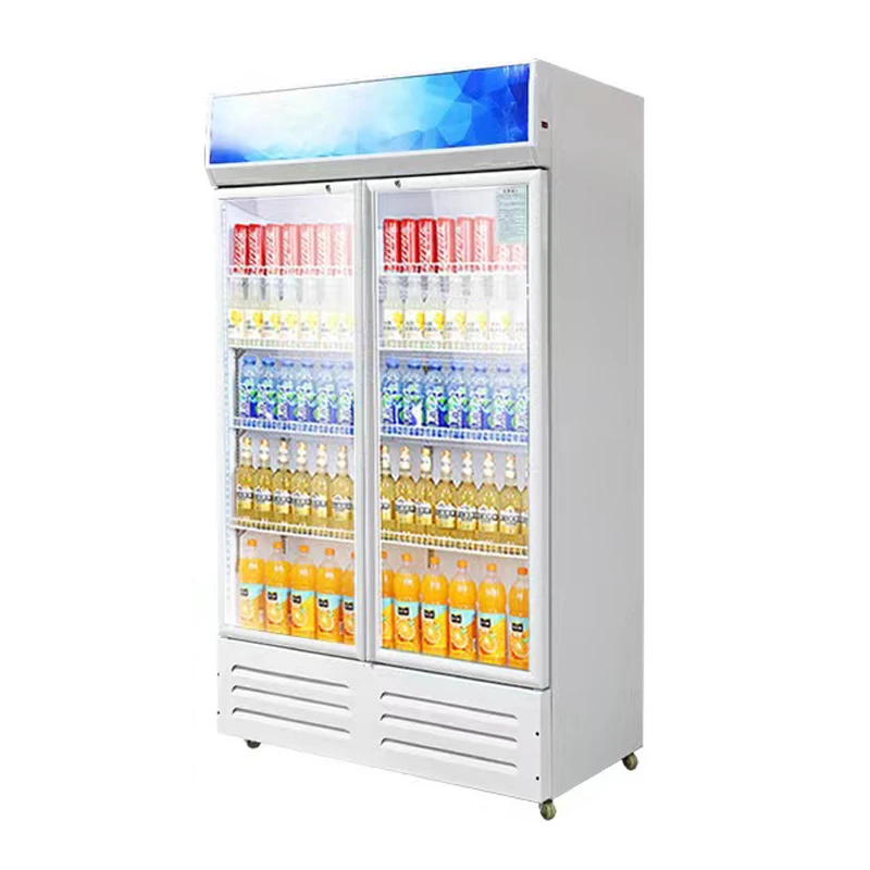 Manufacturer supply double door upright chiller freezer with glass doors coca display cola refrigerator