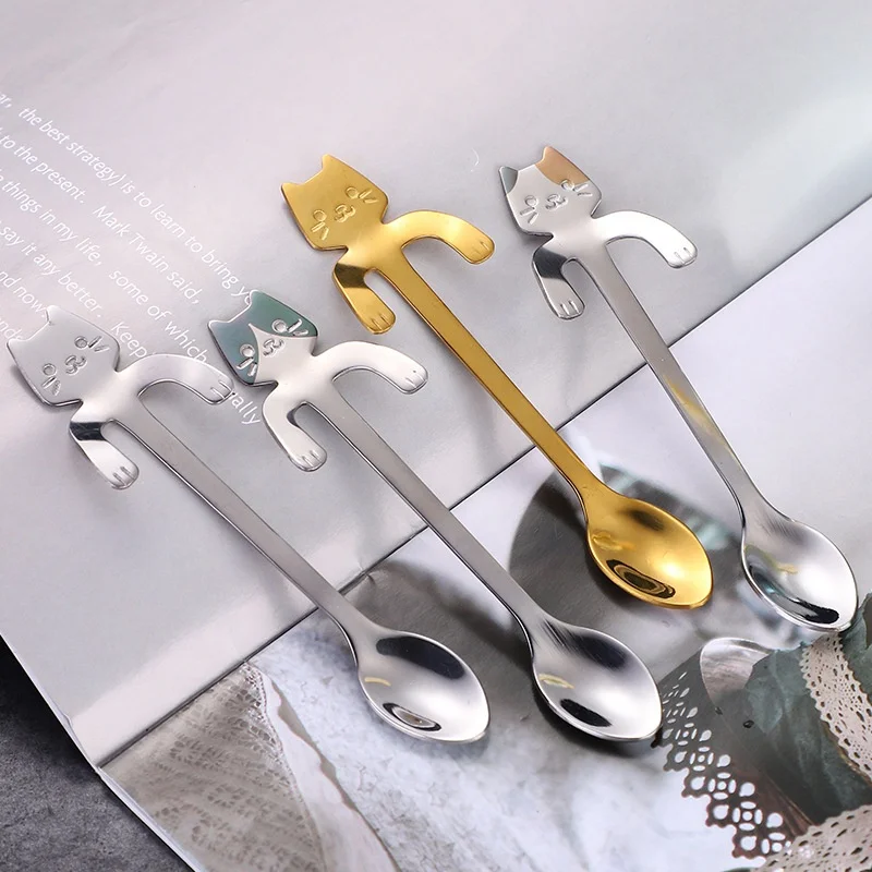 stainless steel small metal edible tiny Lovely cat shape gold cat spoons hanging cup creative dessert coffee tea spoon set