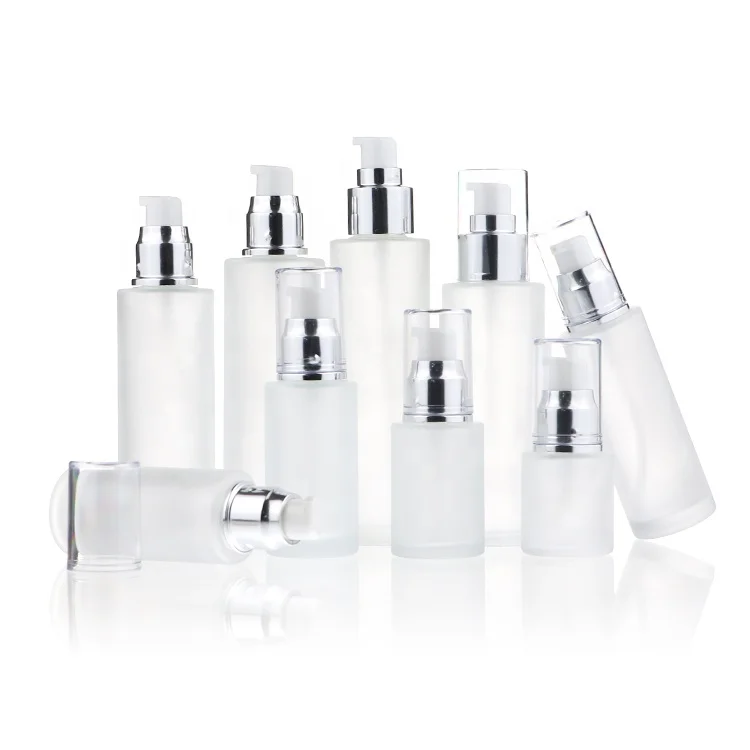 China Frosted Glass 50ml 100 ml 120ml Cosmetics Containers And Packaging Glass Lotion Bottles With Pump