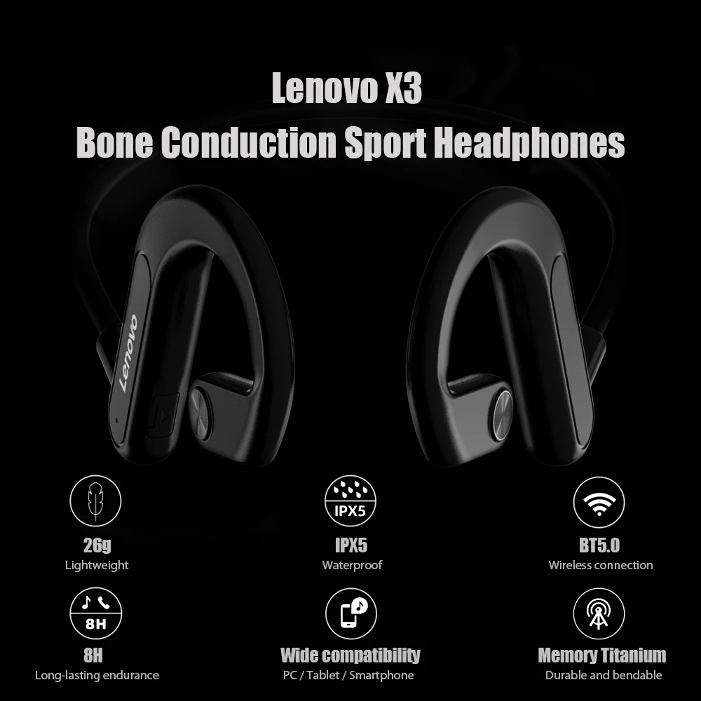 Lenovo X3 BT5.0 Sports Sweatproof Wireless Headphones Ear Bone Conduction Headphones for Mobile Phones