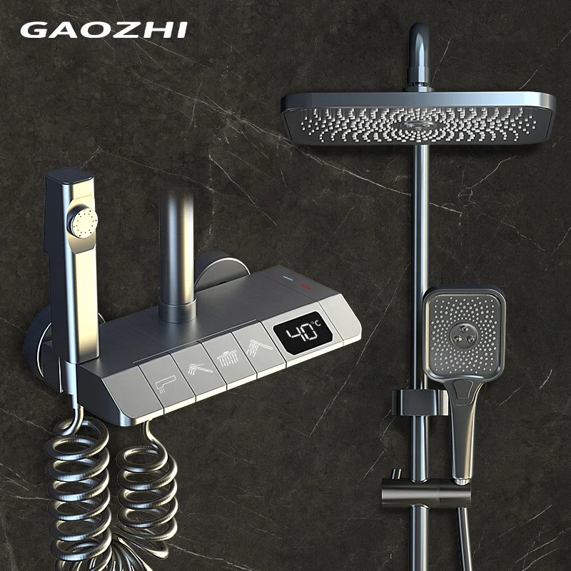 Latest Models New 4 Function Keyboard Piano Keys Exposed Bathroom Mixer Combo Brass Thermostat Shower System Set