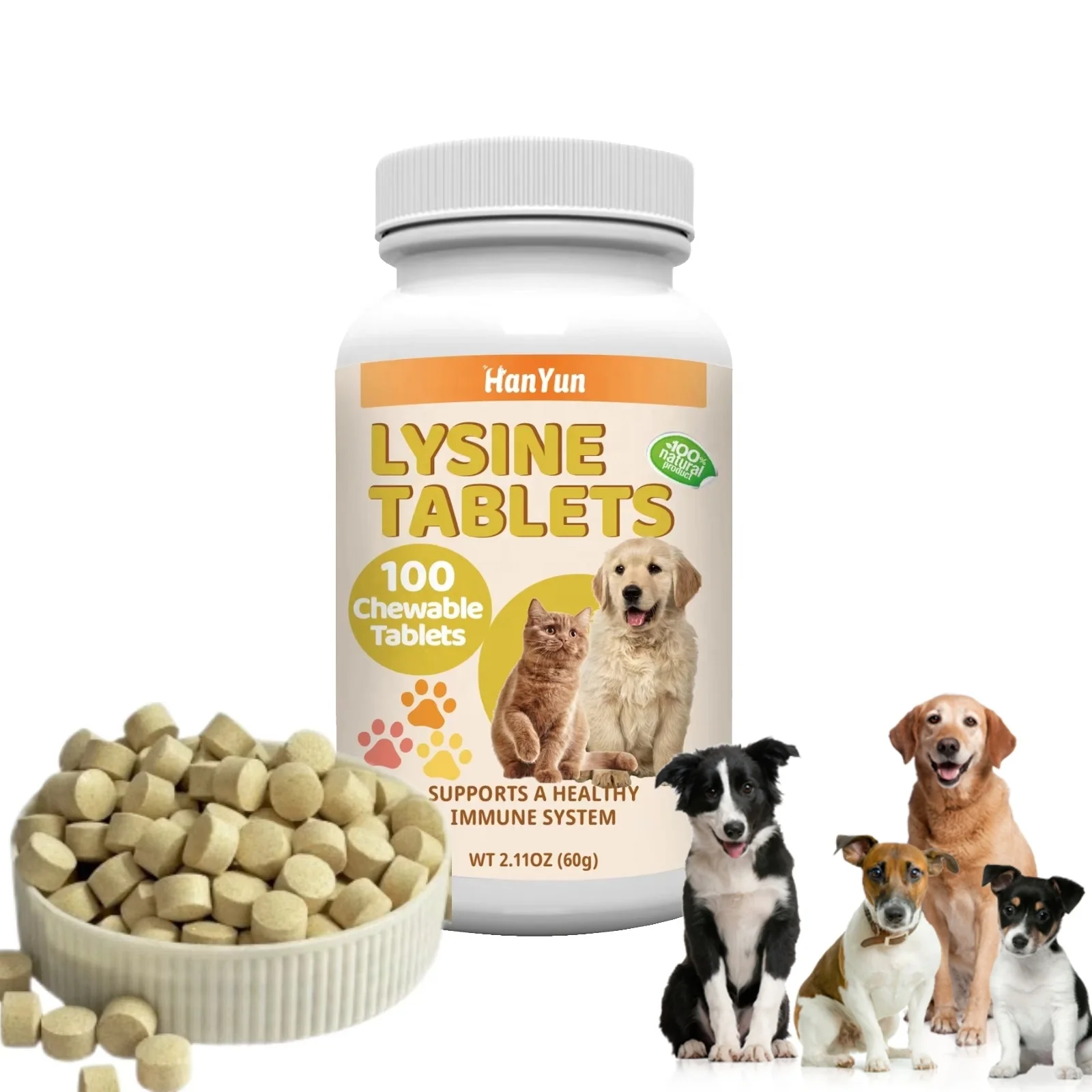 HanYun Wholesale Pet Nutrition Calcium Lysine Immune Tablets Chicken Flavor for Dogs Cats Immune Respiratory Support Supplements