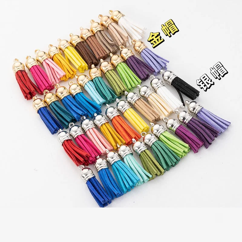 100pcs/lot 35mm 21 Stock Color High Quality Leather Suede Cord Tassels Silver Gold Plated Cap Jewelry Trims