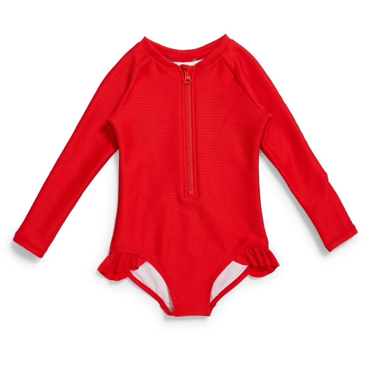 Kids Baby Girl One Piece Swimsuit Long Sleeve Round Neck Back Zipper Monokini Children Swimwear Ruffles Ribbed Bathing Suit