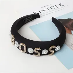 2021 Fashion Black Sponge PADDED Boss Letters Boujee Queen Crystal Baroque Bead Headband Lurex Rhinestone Headband