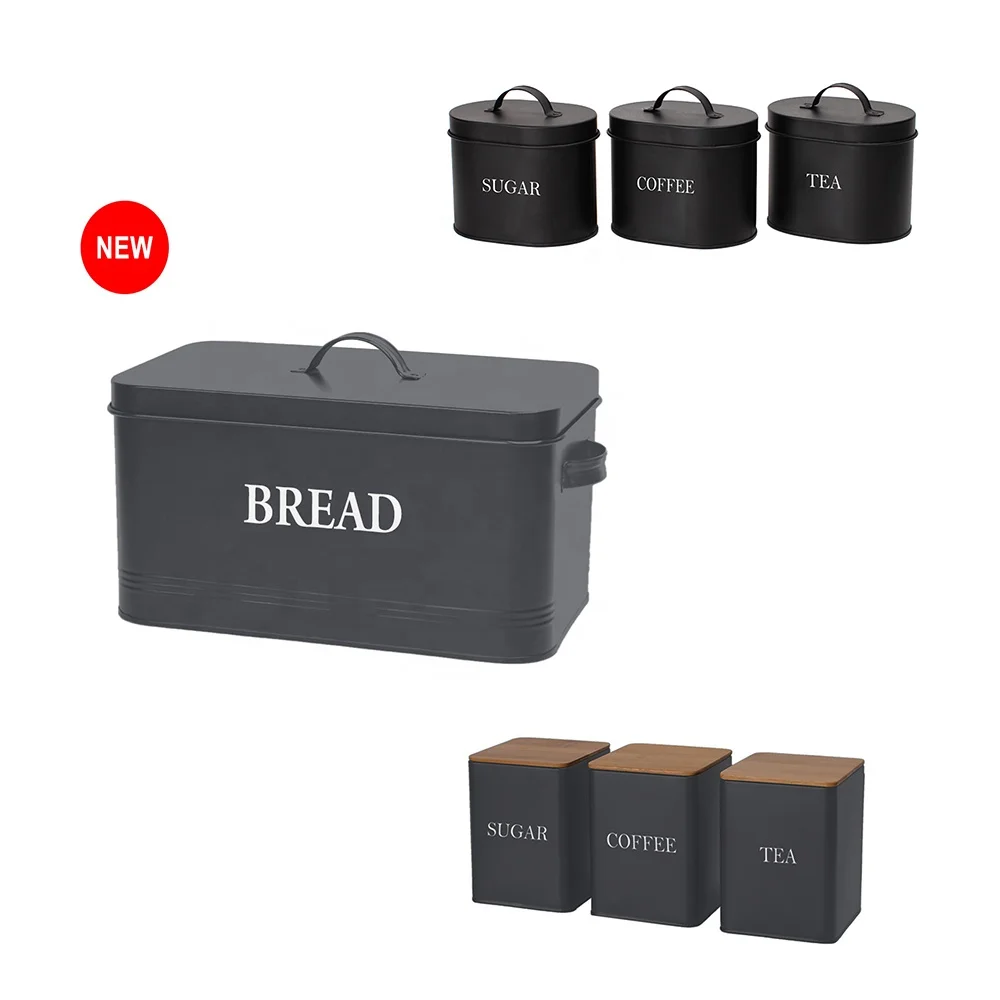 Metal Kitchen Food Storage Box 5pc Bread Bin And Tea Coffee Sugar Biscuit Canister Sets