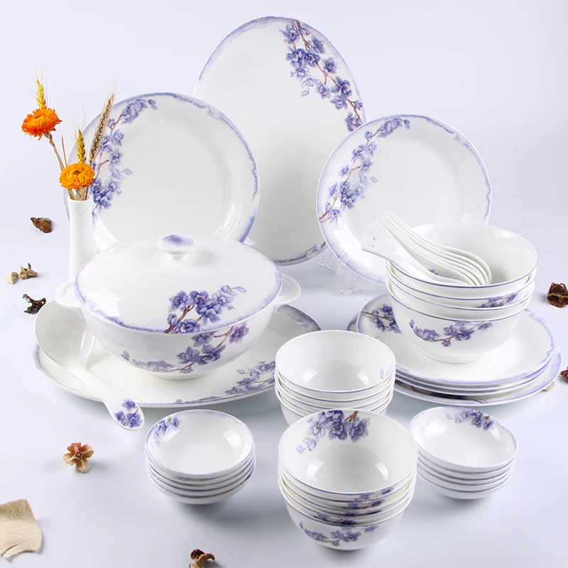 45 Piece Bone China Dinner Set Tableware Fine Quality Purple Floral Pattern Decal Porcelain Dinnerware Set for Home