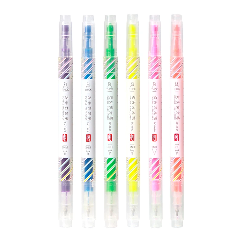 dual tip 6 colors highlighter set needle tip thick tip double headed fluorescent pen double headed key drawing line marking pen
