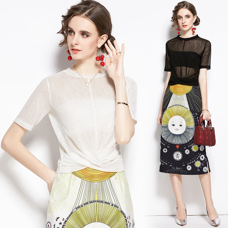 
Wholesale Hot Sale Summer Apparel Three-piece Set Gold Spray Knot T-shirt Tube Top Royal Print Skirt Casual Set 