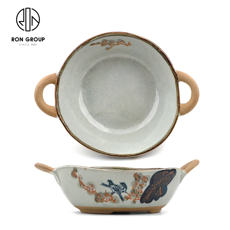 New arrival stock irregular shape bird and flower pattern Chinese Japanese restaurant ceramic food bowl with handle